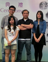 (From left, back row) Mr. Lam Wing-lui, Mr. Andy C. K. Liu, lecturer of the School, and Ms. Ng Ka-ying(right) won the Merit Award in the "Literature & Film" Short Video Competition at the 9th Hong Kong Literature Festival